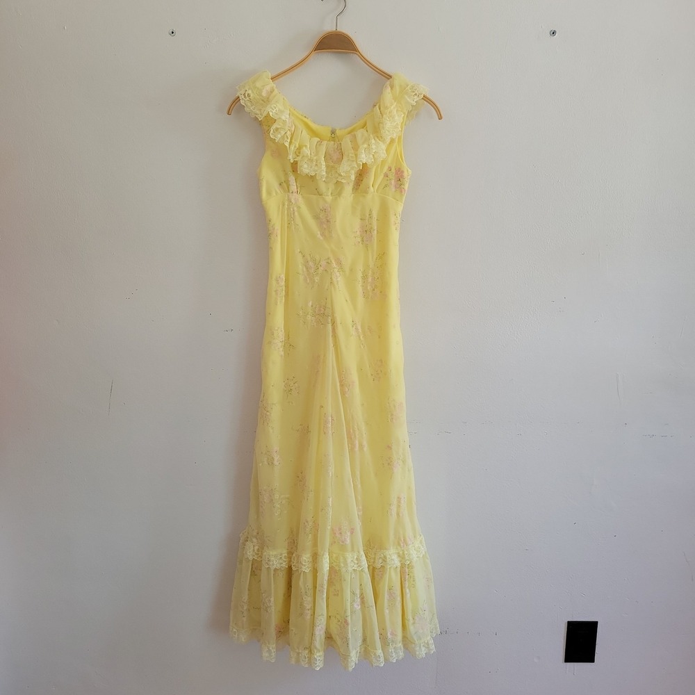 Handmade Floral Chiffon Maxi Prairie Dress Yellow Cottagecore Romantic Vintage